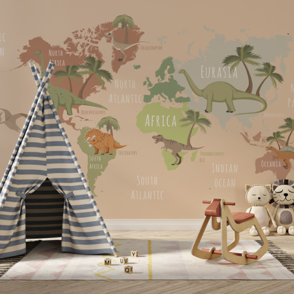Wandbild Dinosaurier auf einer Weltkarte