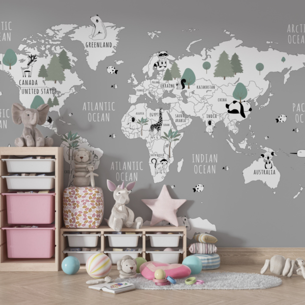 Wandbild Bäume auf einer Weltkarte