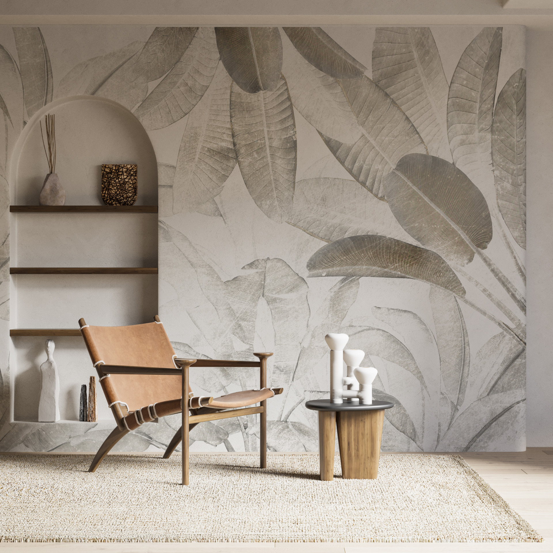 Väggmålning Stora löv bakom dimman