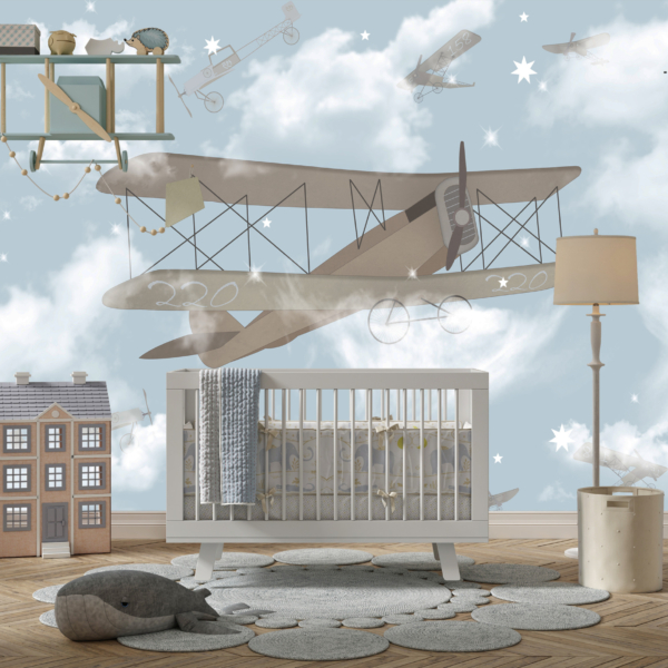 Wandgemälde Doppeldecker Flugzeug im Nebel