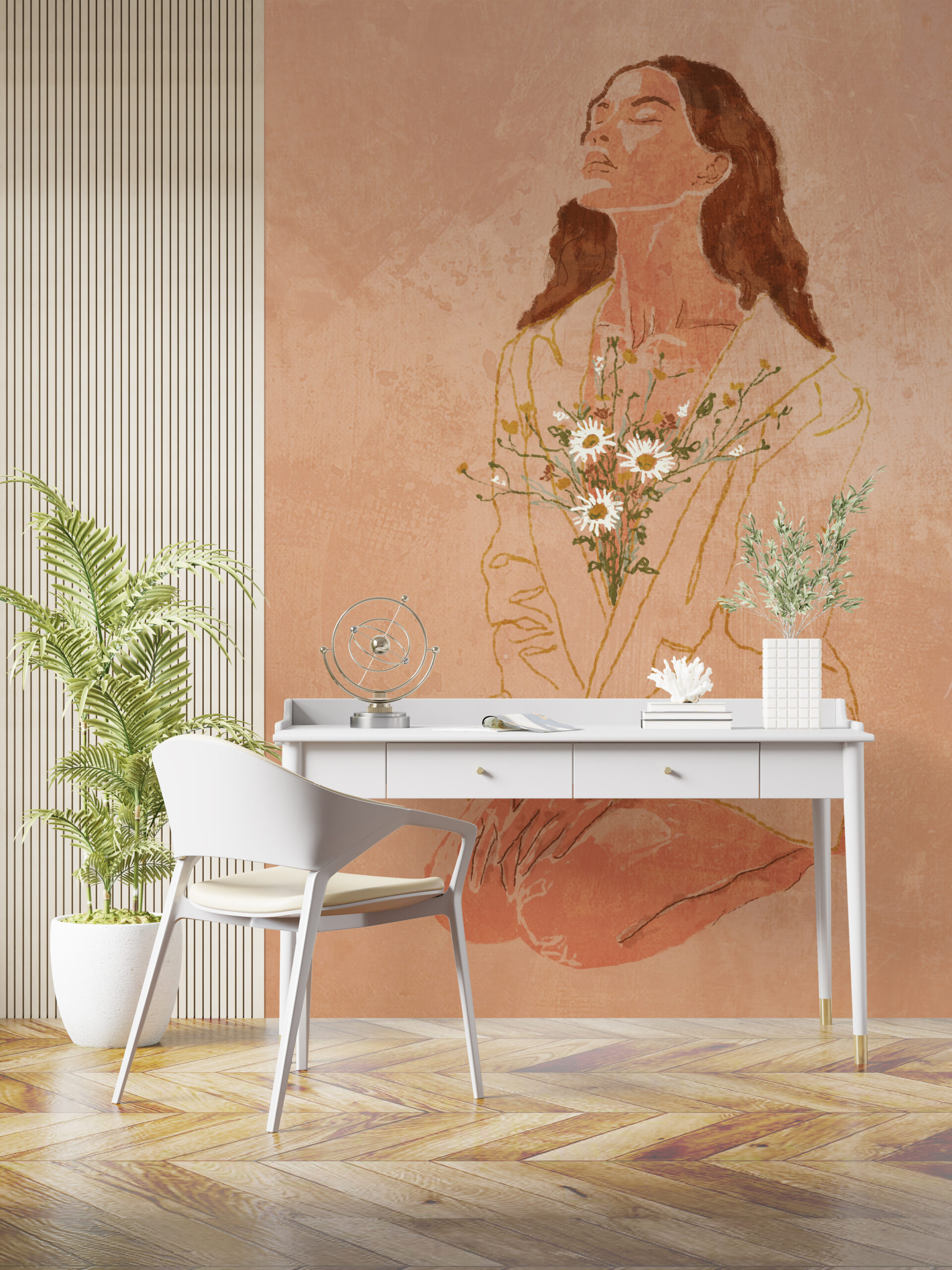 Wandgemälde Mädchen mit einem Blumenstrauß