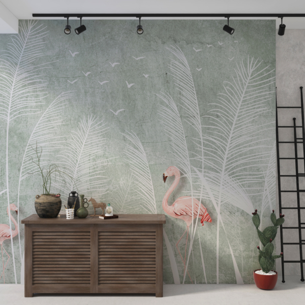 Fototapete Flamingos auf einer weißen Wiese