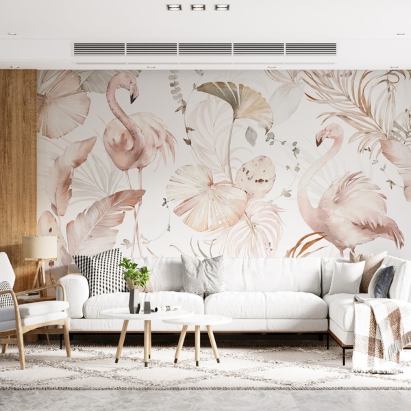 Fototapete Flamingos in rosa Blättern