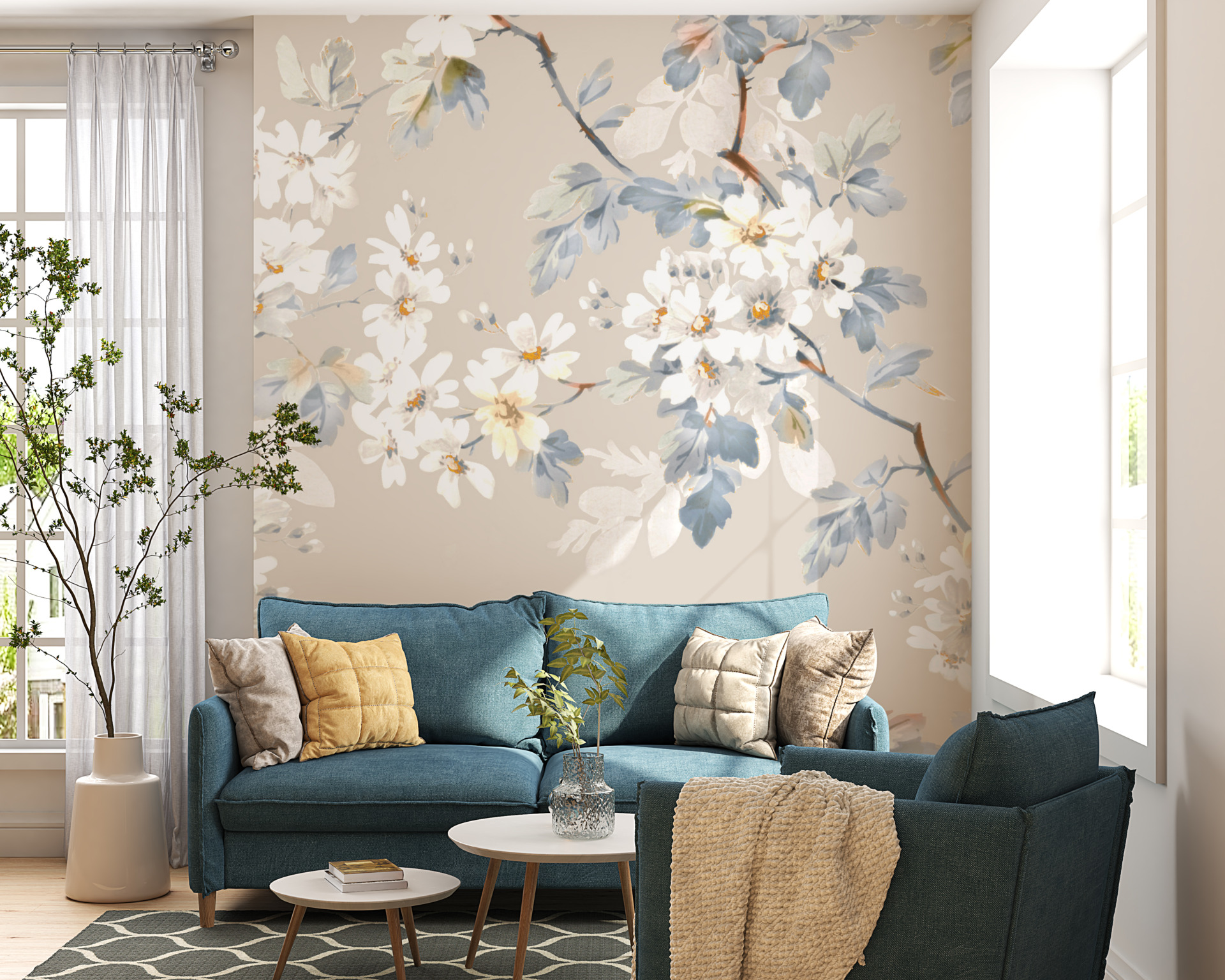 Vit blomma gren väggmålning