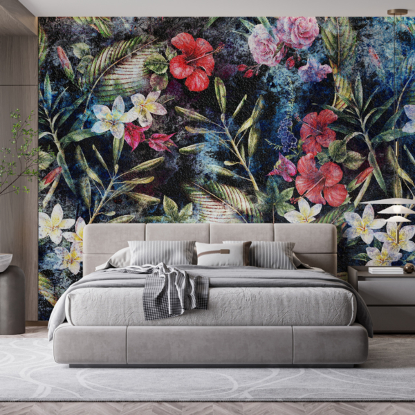 Wandmalerei aus farbigen Blumen auf dunklem Hintergrund