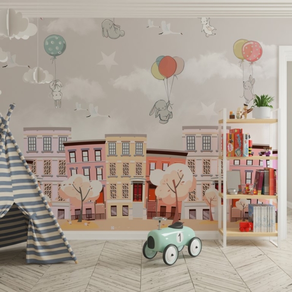 Wandhäschen über einer rosa Stadt