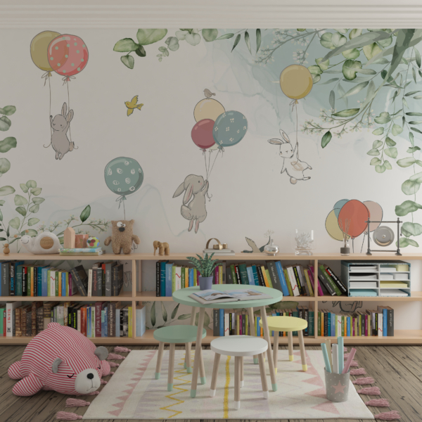 Wandmalerei Hasen und Luftballons