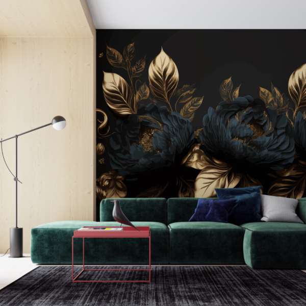 Fototapete mit einem Granatapfel und einer goldenen Blume