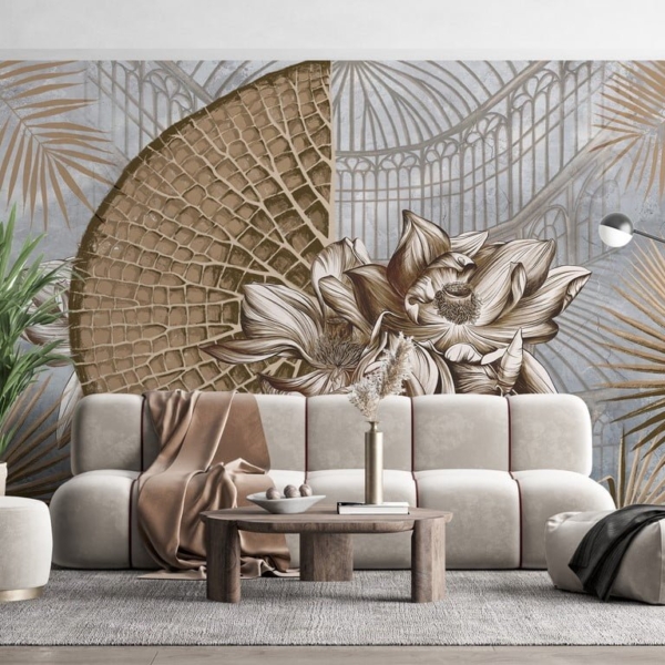 Fototapete mit Lilienblüten und Palmenblättern