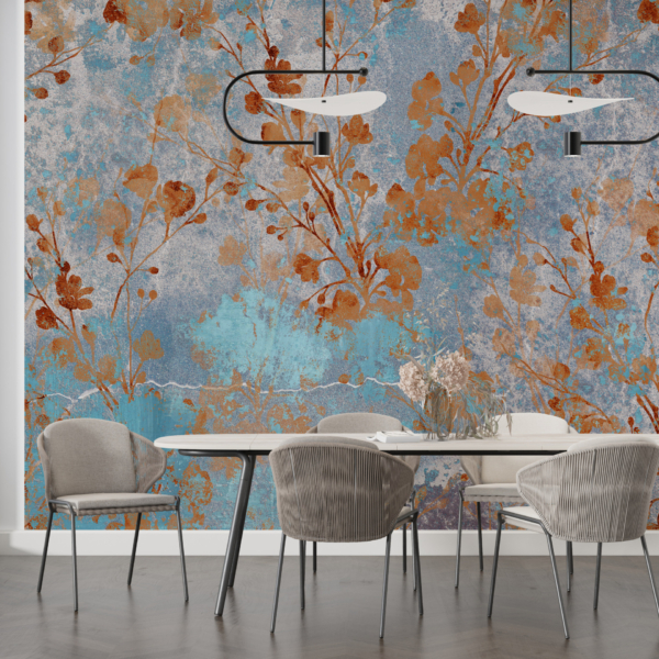 Fototapete Blumen an einer blauen Wand