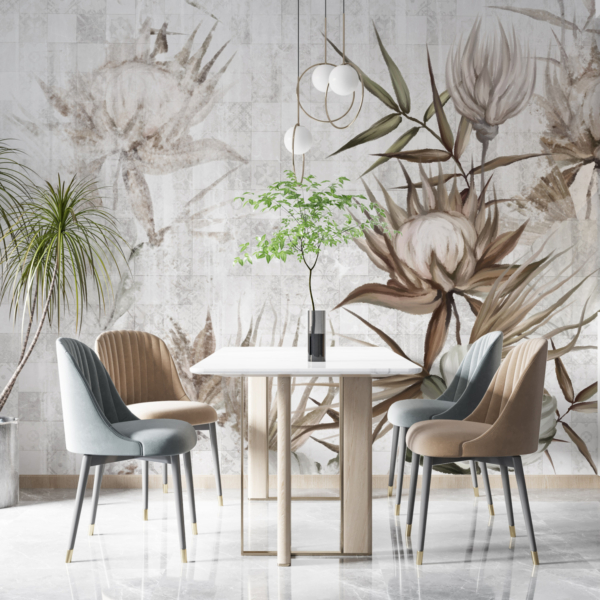 Fototapete Blumen auf einem verblassten Schachbrett