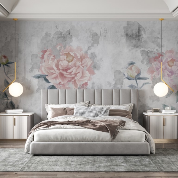 Fototapete Rosa Pfingstrosenblüten auf grauem Hintergrund