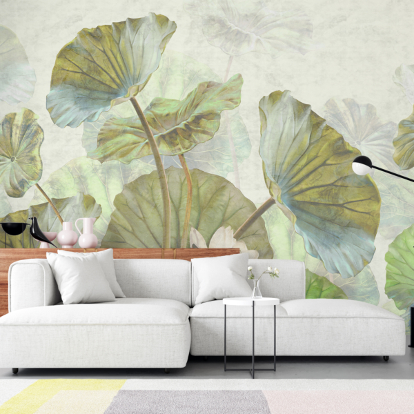 Wandmalerei eines Waldes aus Wasserblättern