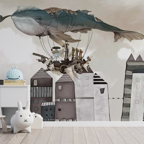Wandbild Fliegender Wal über der Stadt für Baby