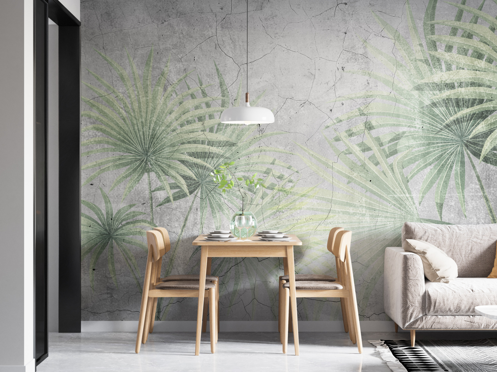 Fototapete Blätter an einer rissigen Wand