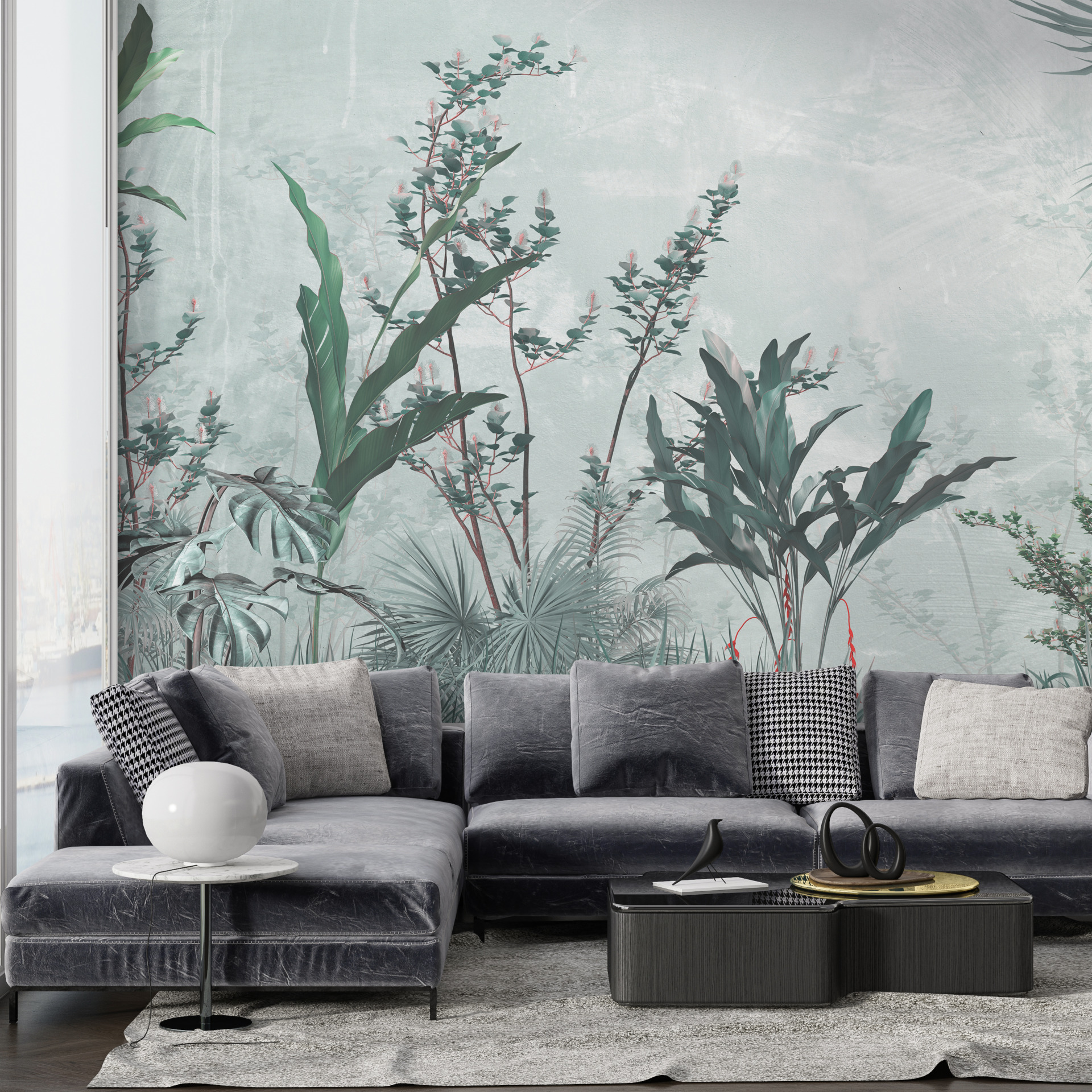 Väggmålning av blad och gräs