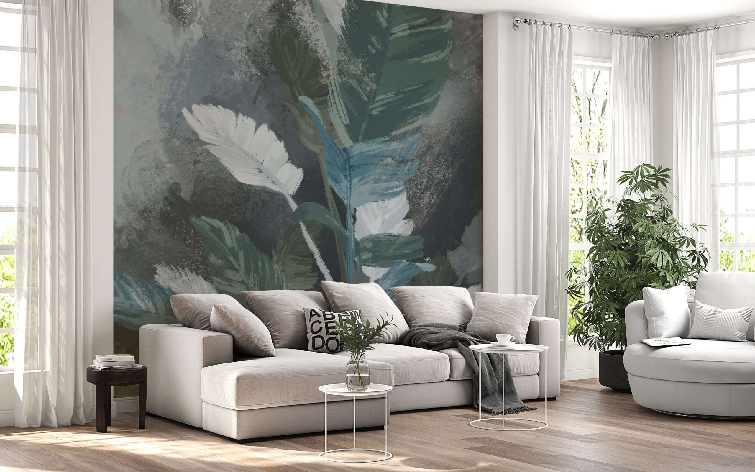 Väggmålning av målade blad