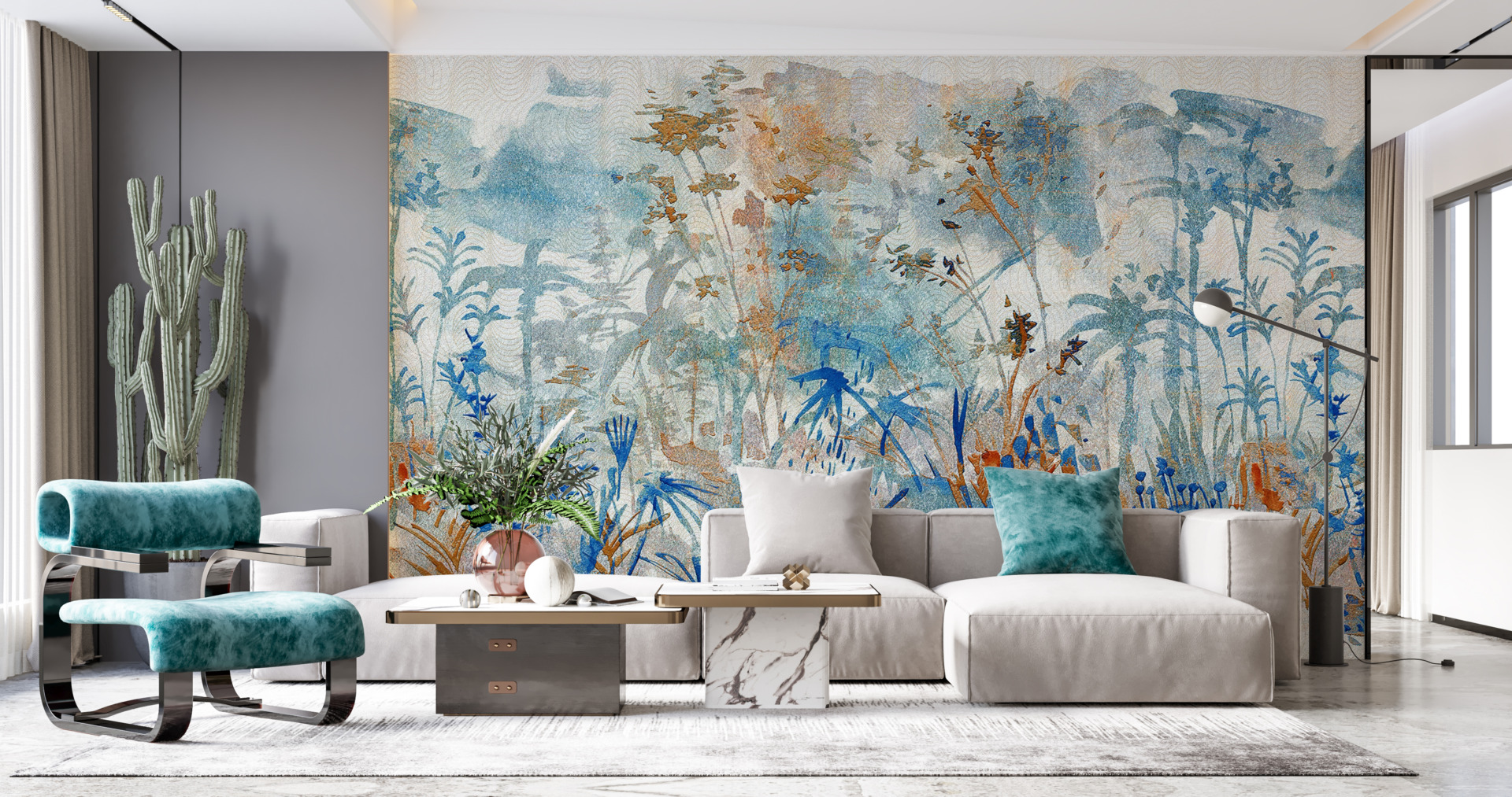 Blå och guld äng väggmålning