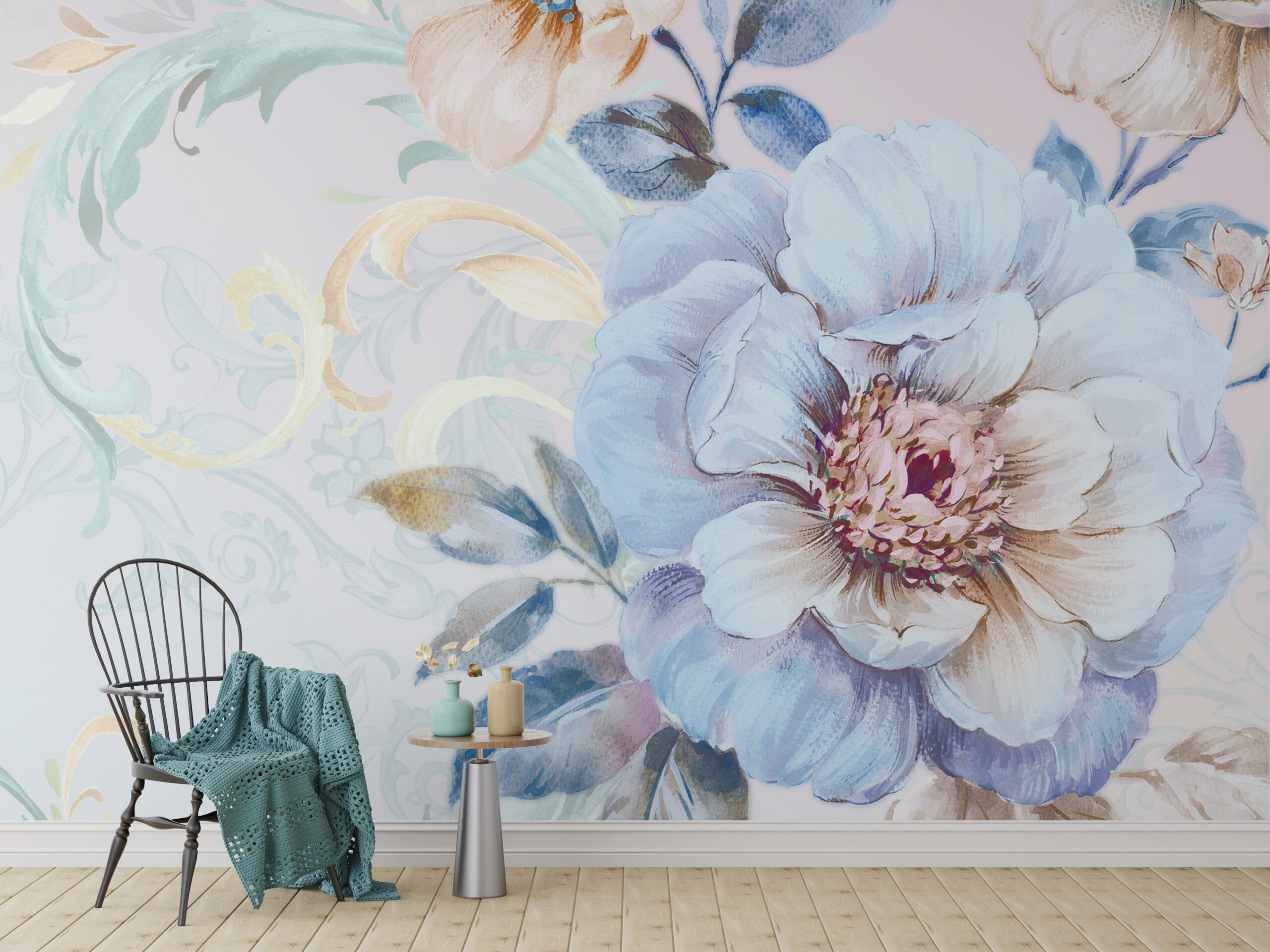 Väggmålning med blå blomma