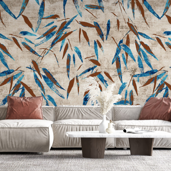 Wandmalerei aus blauen und braunen Blättern