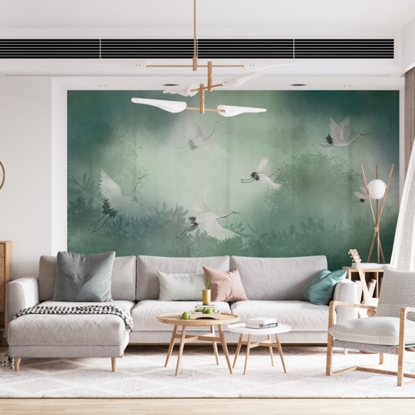 Fototapete: Neblige Kraniche im Flug