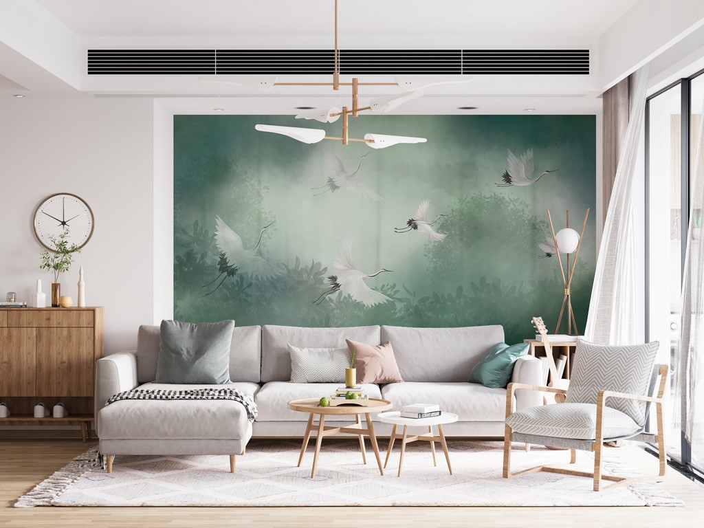 Muralmålning: Dimmiga tranor i flykt