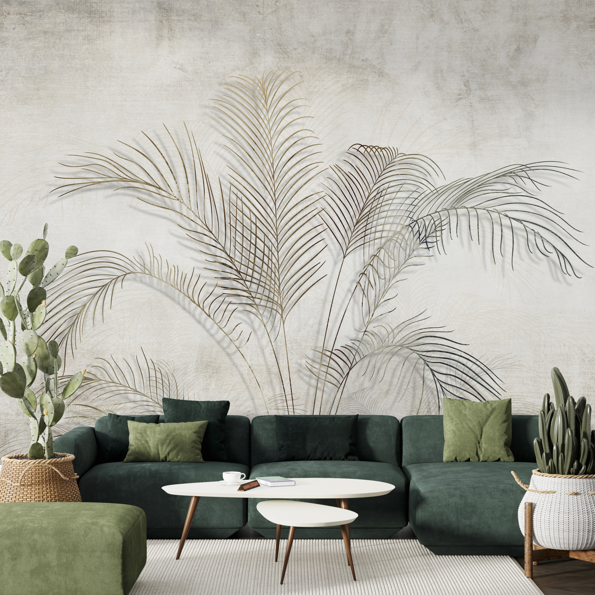 Väggmålning av en palm i dimman