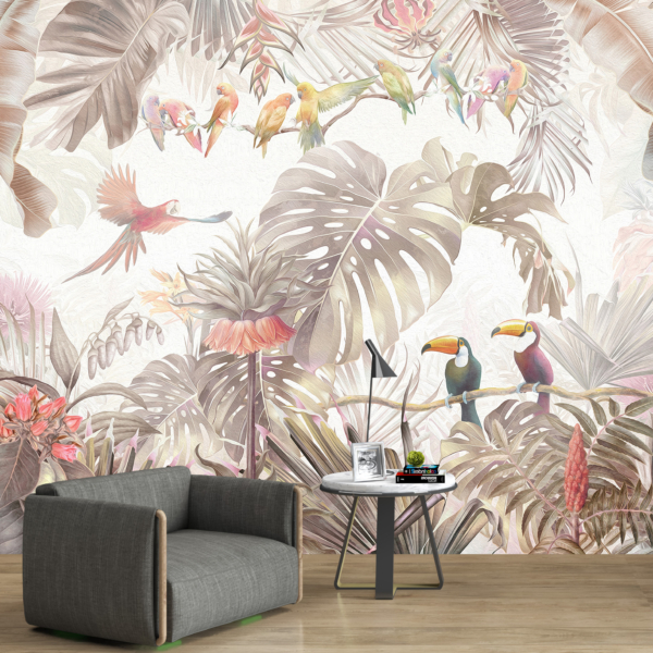 Wandgemälde Papagei und Monstera-Blätter