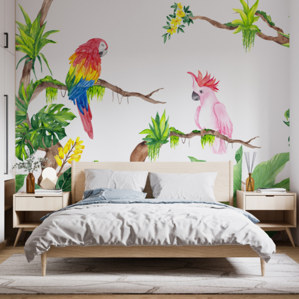 Wandmalerei Papageien auf Ästen