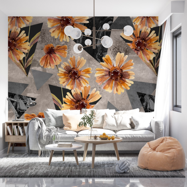 Fototapete Orange Blumen und graue Dreiecke