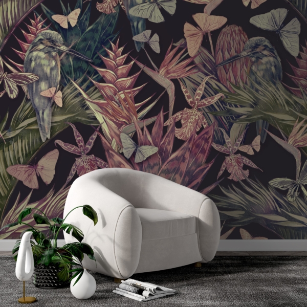 Fototapete Vögel in Blumen versteckt