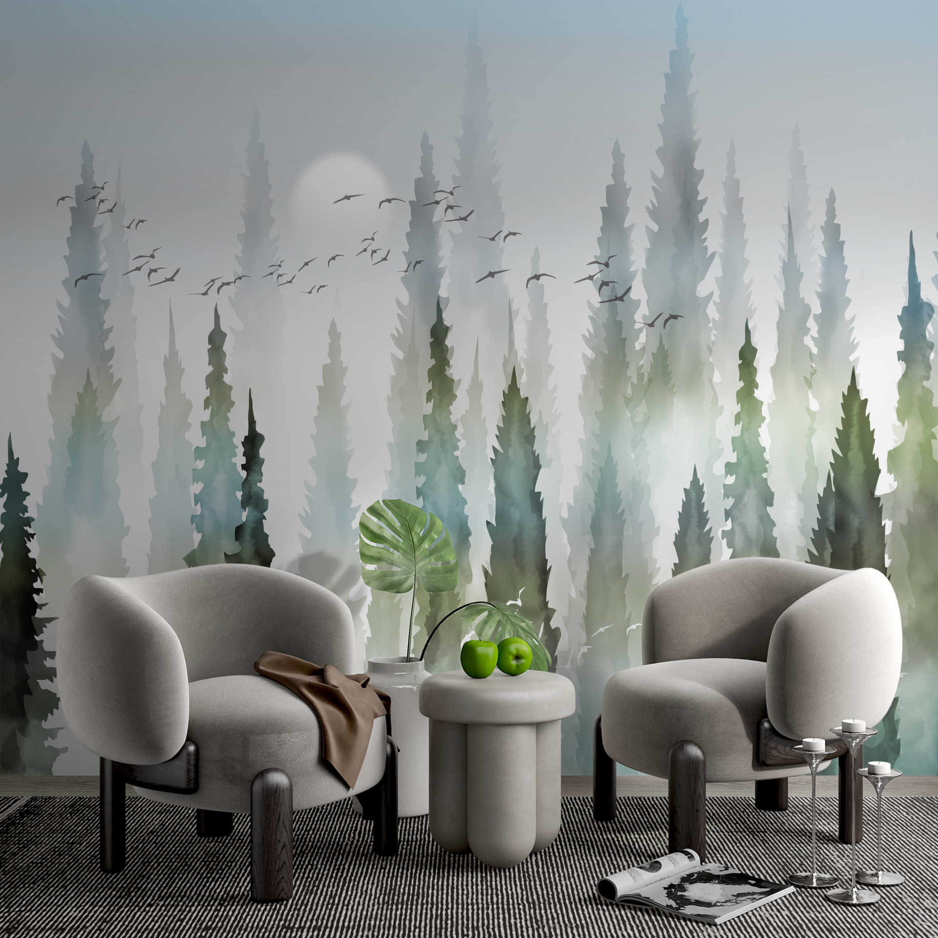 Fototapet Fåglar i en skjutande skog