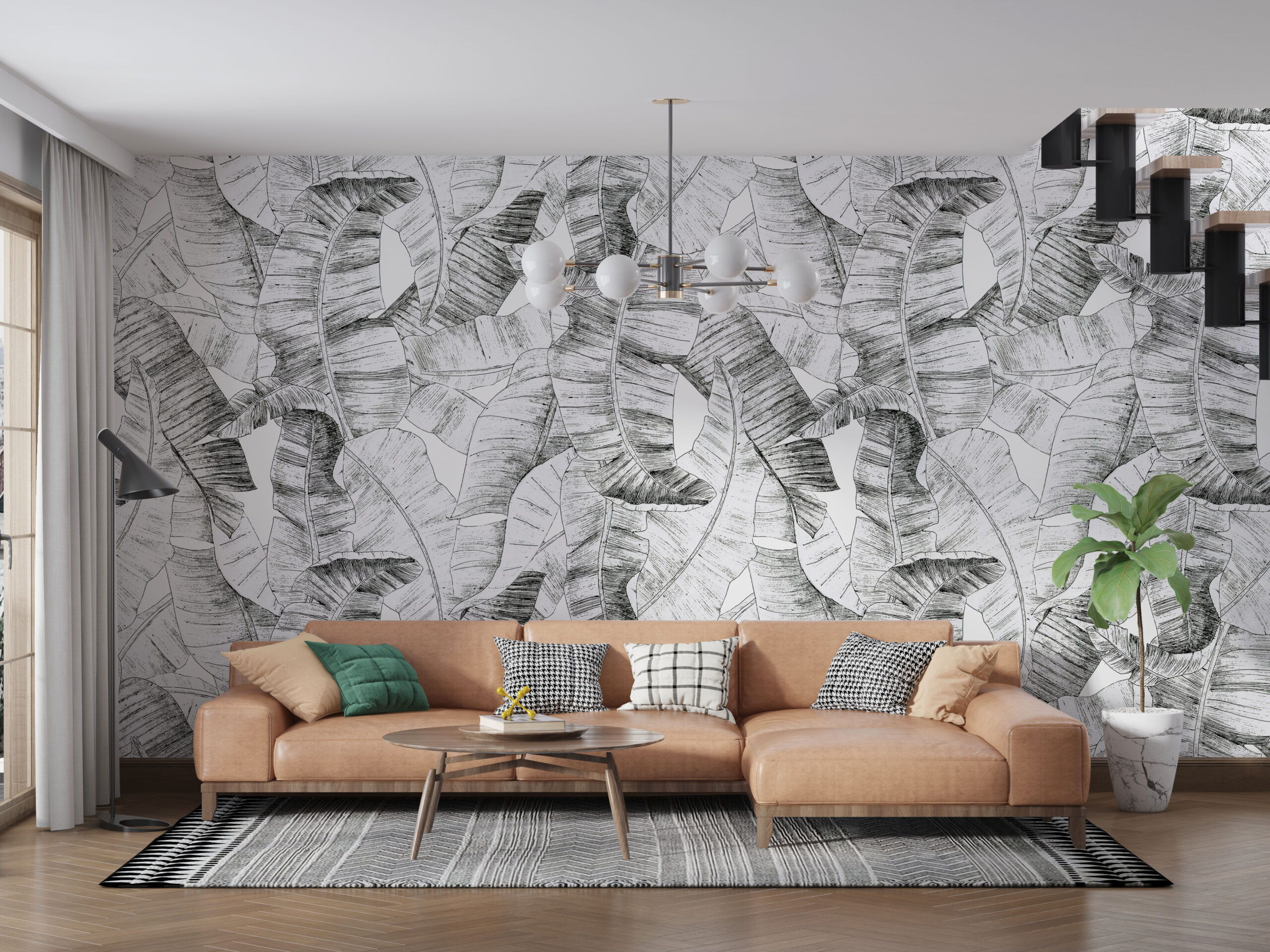 Väggmålning Drawn Leaves