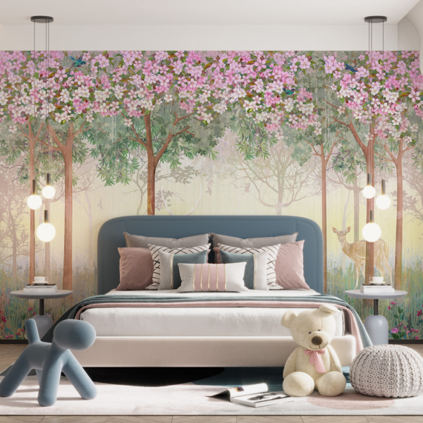 Fototapete Hirsche in rosa Blumen