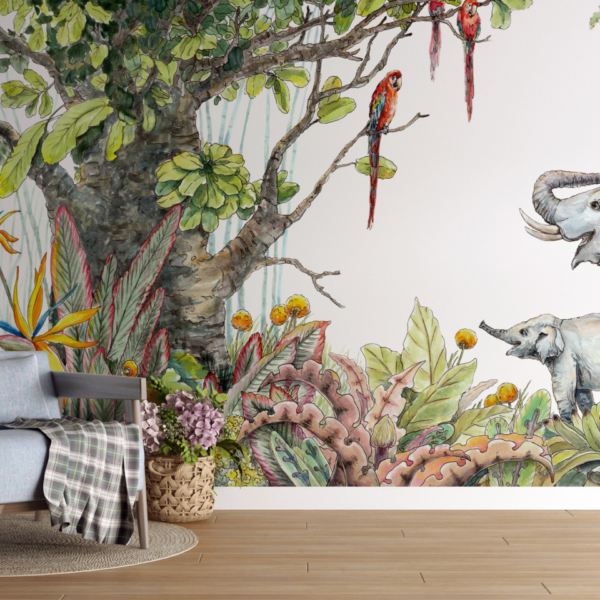 Wandbild Elefanten in einem bunten Dschungel
