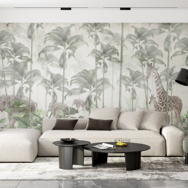 Wandgemälde mit laufenden Giraffen und Elefanten