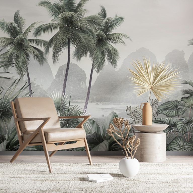 Fototapet Tropiska berg bortom dimman