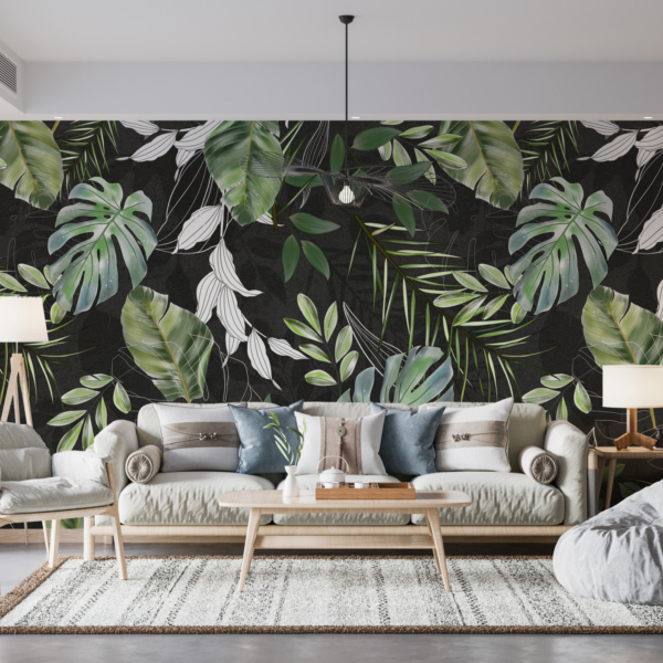 Fototapete Tropische Blätter auf schwarzem Hintergrund