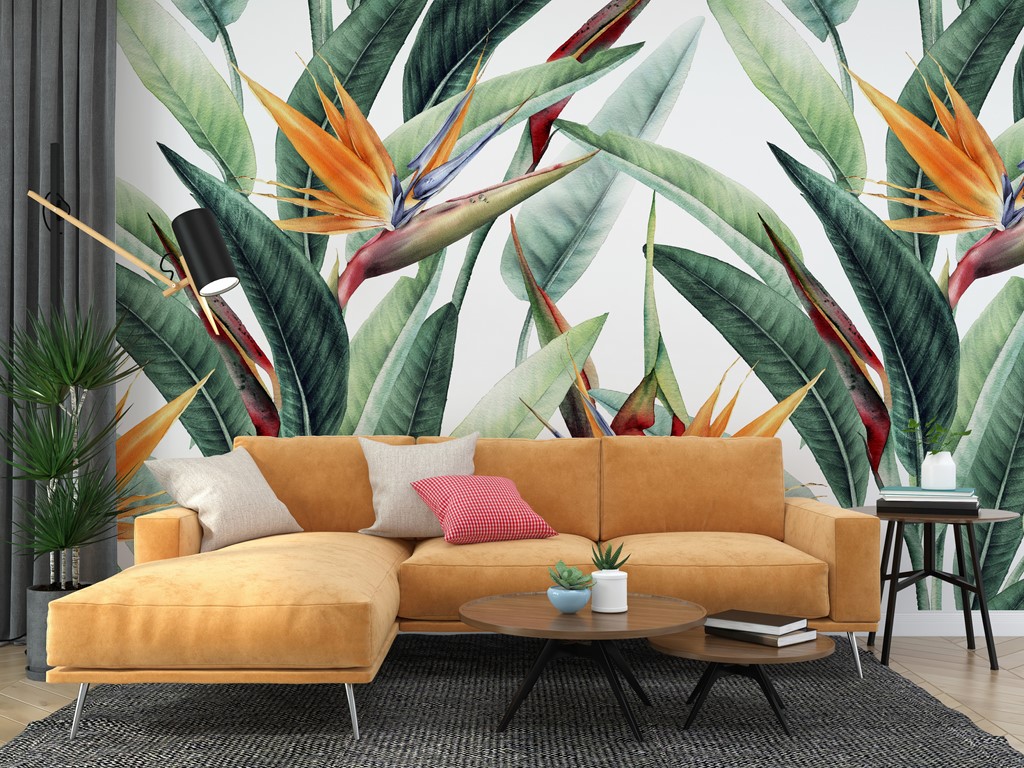 Väggmålning i en bukett av exotiska blommor