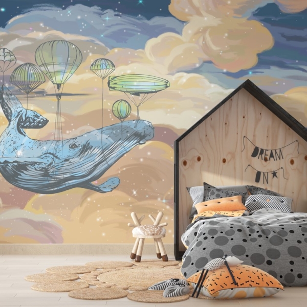 Wandgemälde eines Wals am Nachthimmel