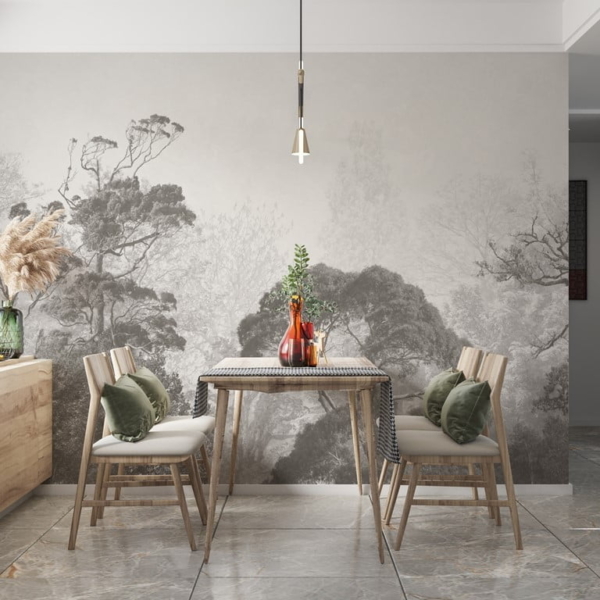 Wandgemälde von exotischen Bäumen im Nebel