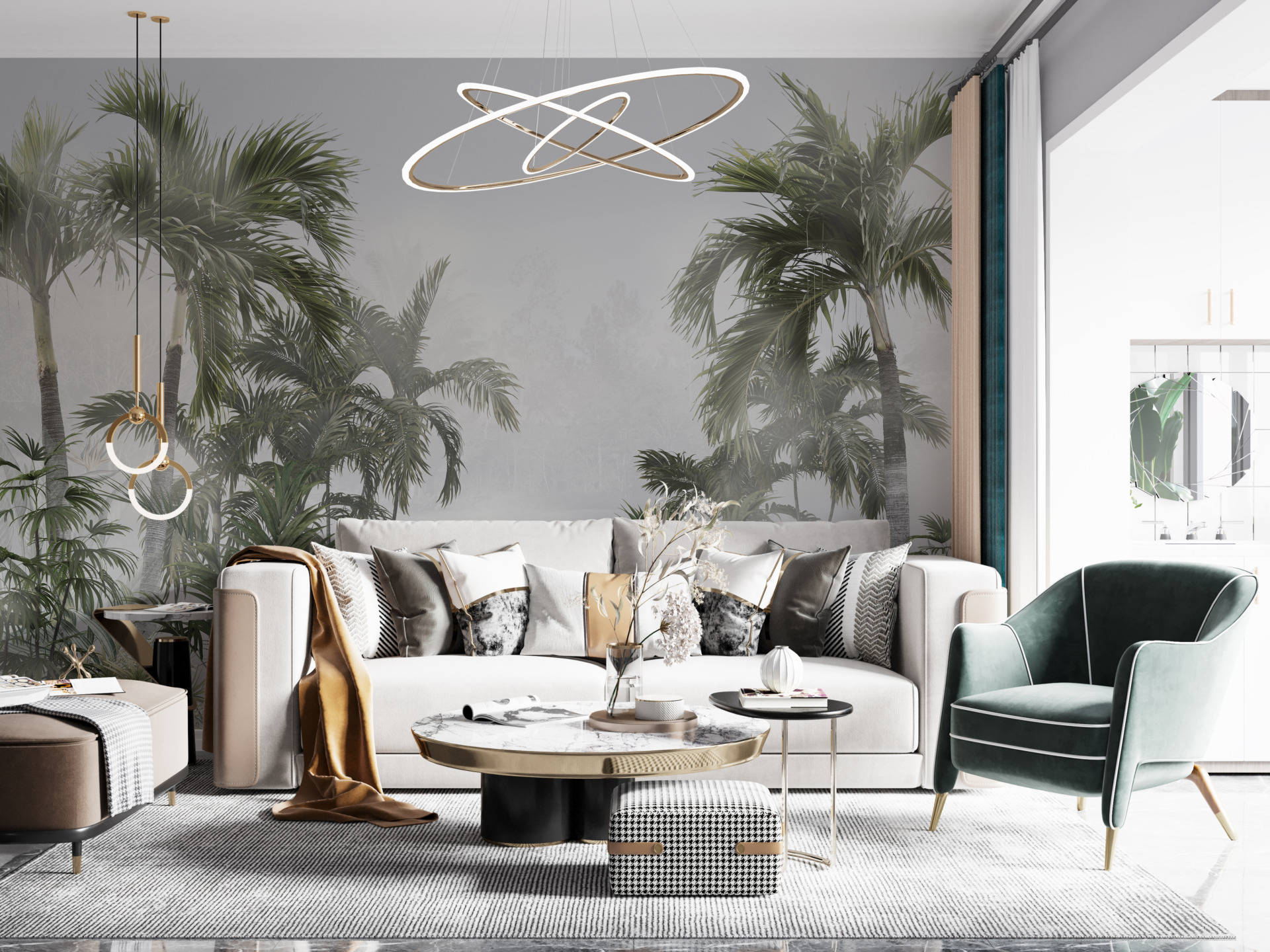 Fototapet Höga palmer i dimman