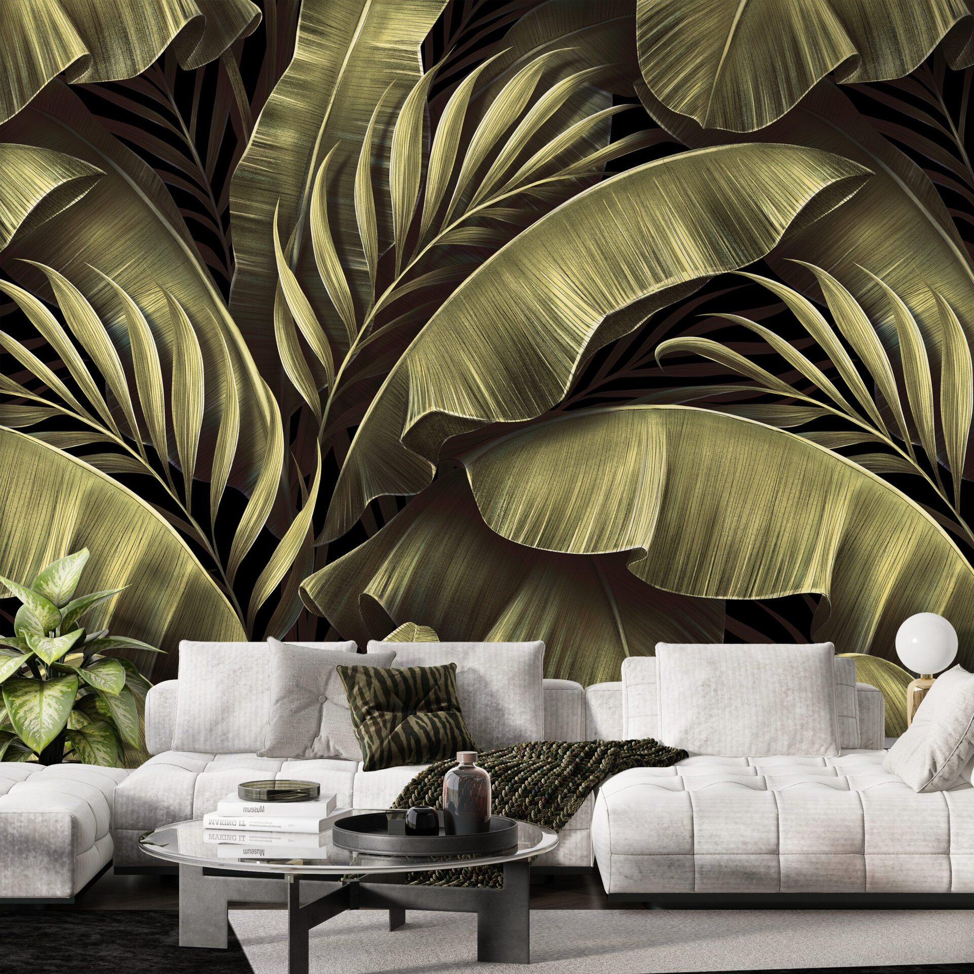 Tropisk bladgrön väggmålning