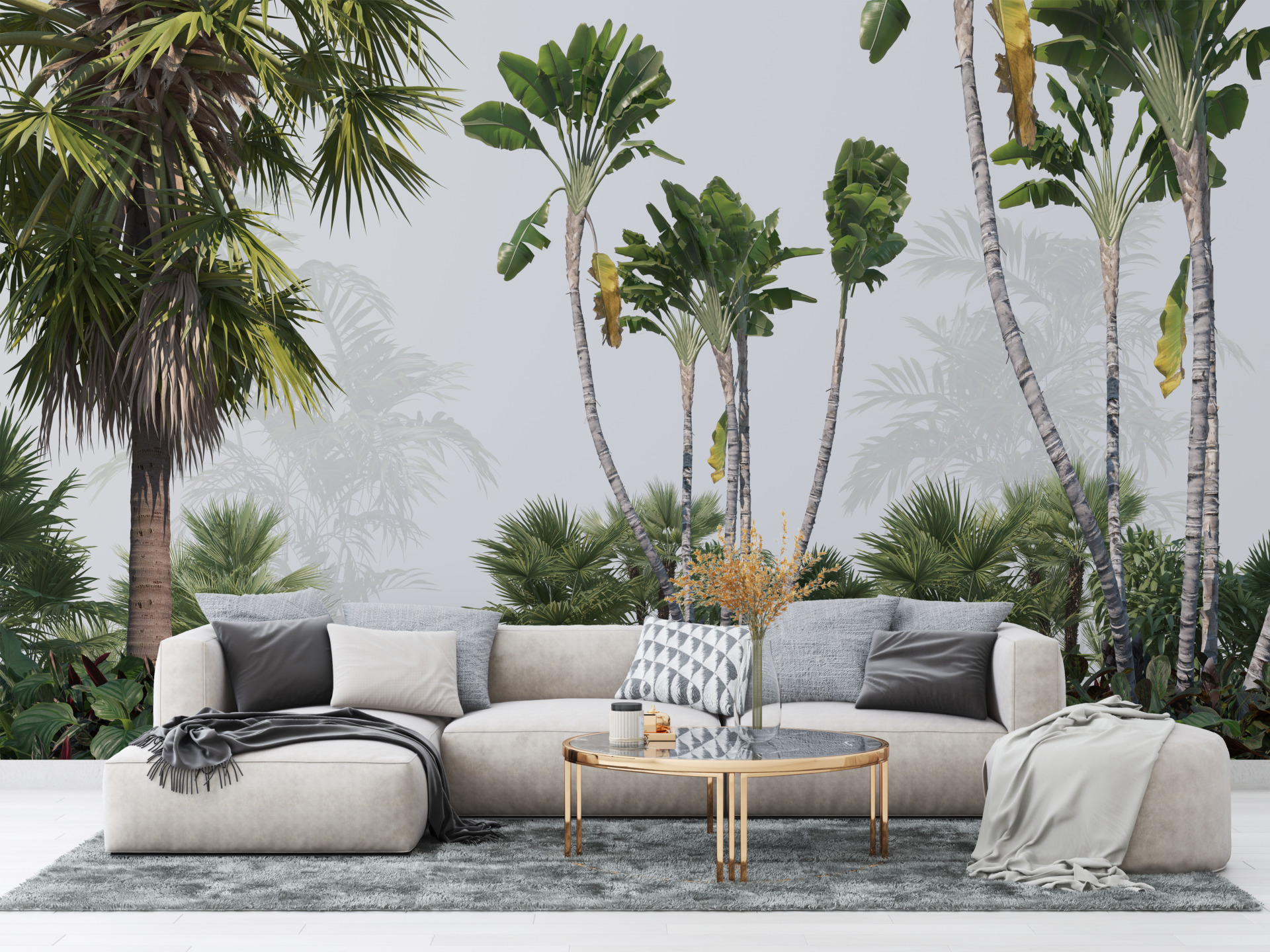 Väggmålning av tropiska växter och dimma