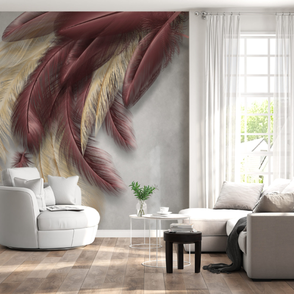 Fototapete mit goldenen und kastanienbraunen Federn