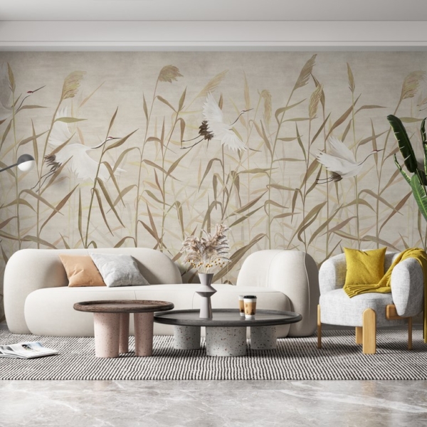 Wandmalerei Kraniche zwischen Gräsern