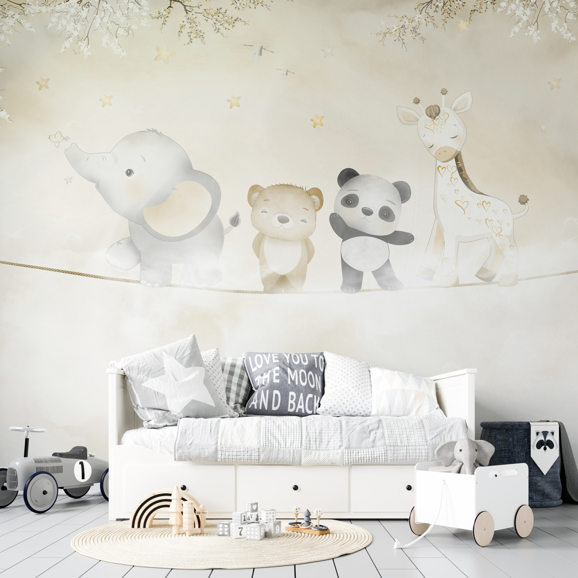 Wandmalerei mit Tieren auf einem Seil im Nebel