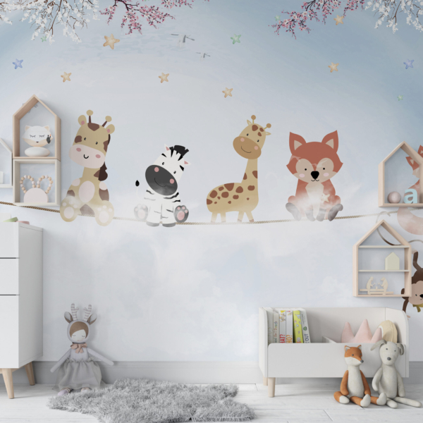 Wandmalerei mit Tieren auf einem Seil