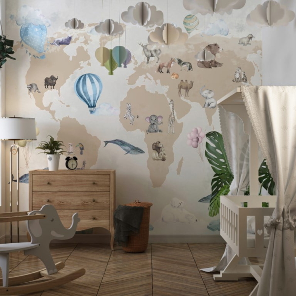 Fototapete Tiere auf einer Weltkarte
