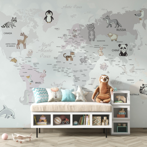 Fototapete Tiere auf einer Weltkarte